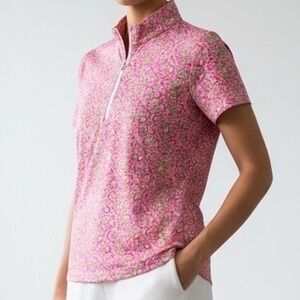 LRD Performance‎ Womens Pink Floral UPF 30 Quarter Zip Golf Polo Shirt Large NEW